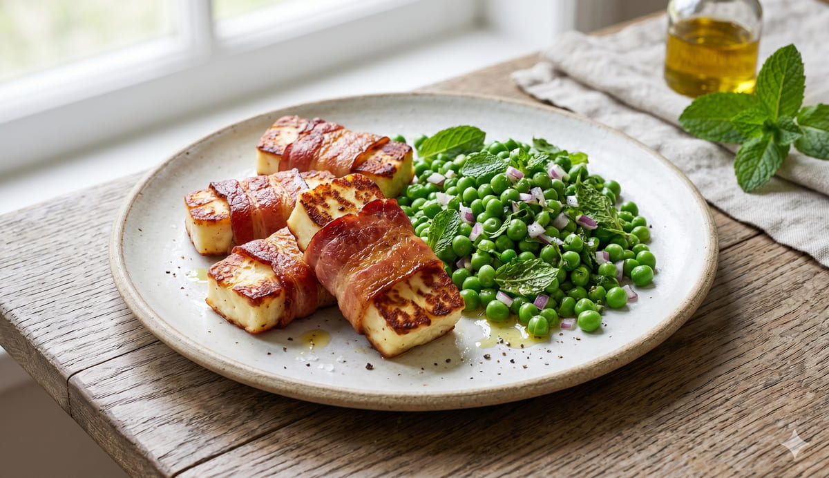 Bacon-Wrapped Halloumi with Pea Salad