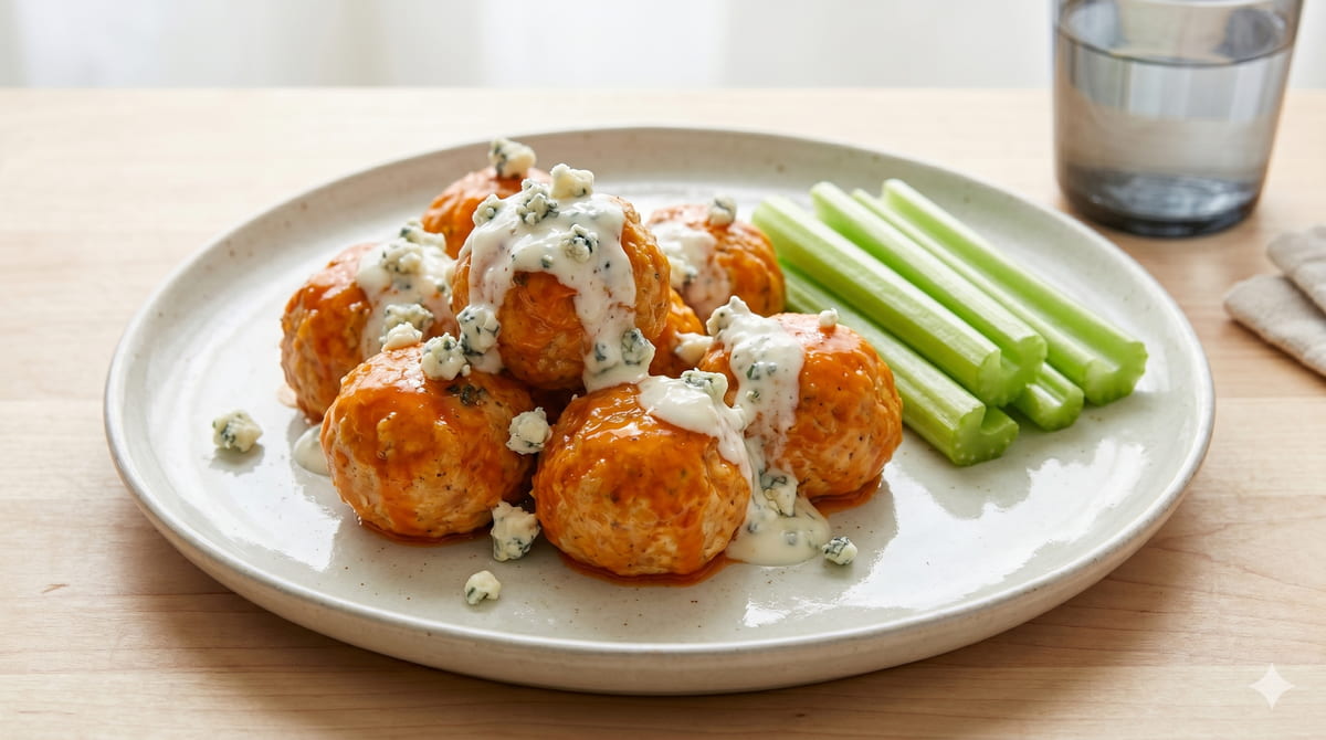 Buffalo Chicken Meatballs with Bleu Cheese Dip