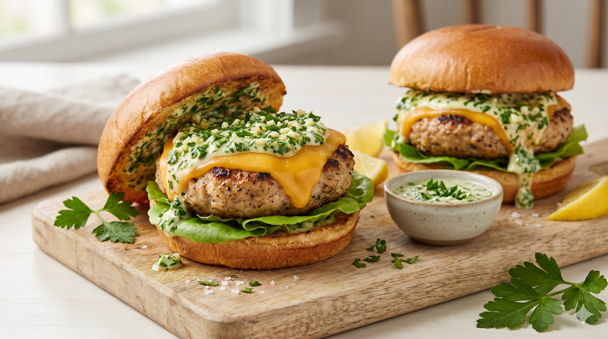 Chicken Cheeseburgers with Green Garlic Dressing