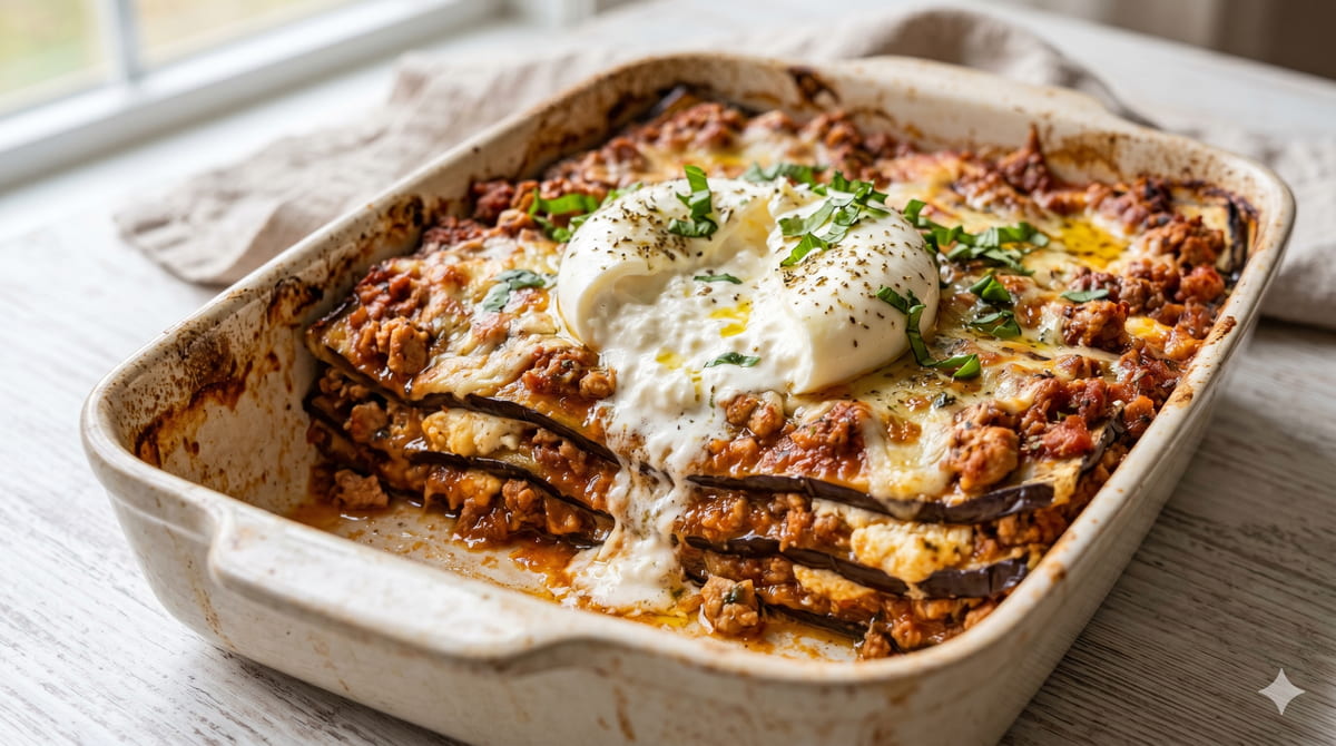Eggplant Lasagna with Turkey Meat Sauce & Burrata