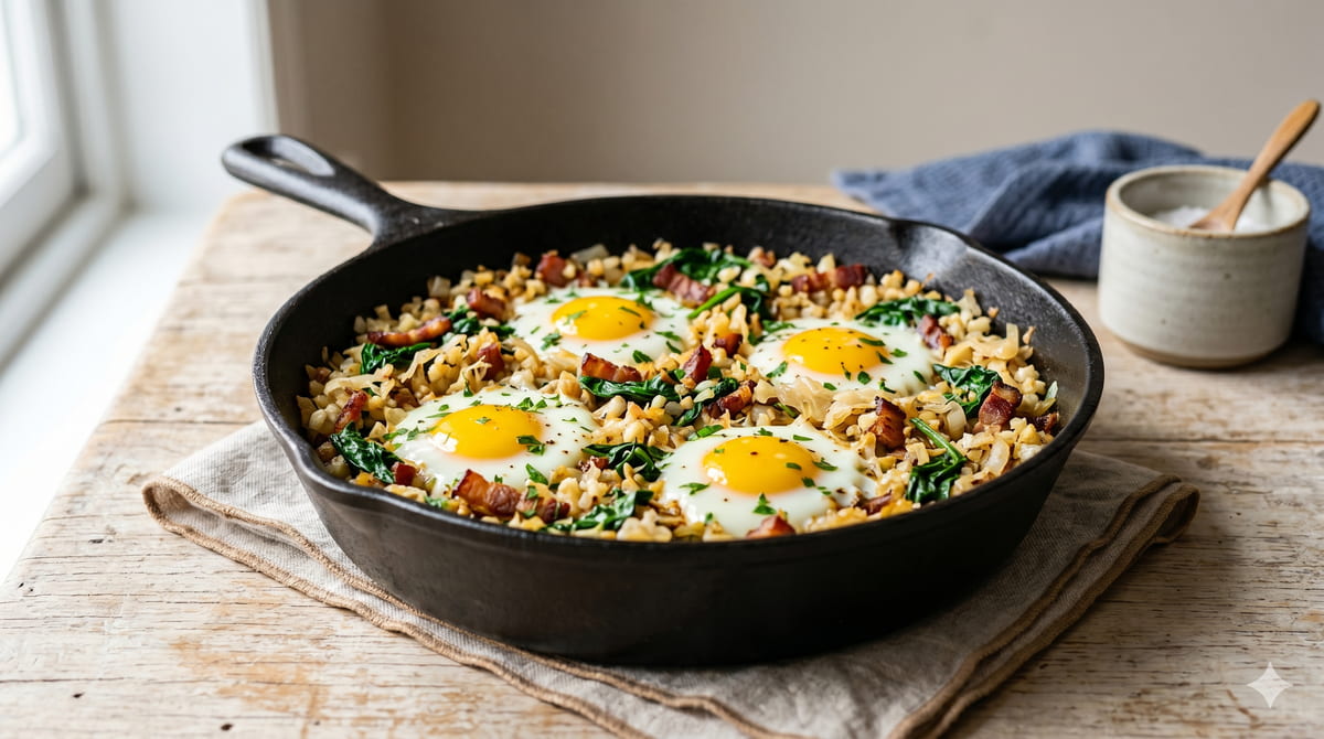 Baked Eggs with Spinach & Sauerkraut Hash