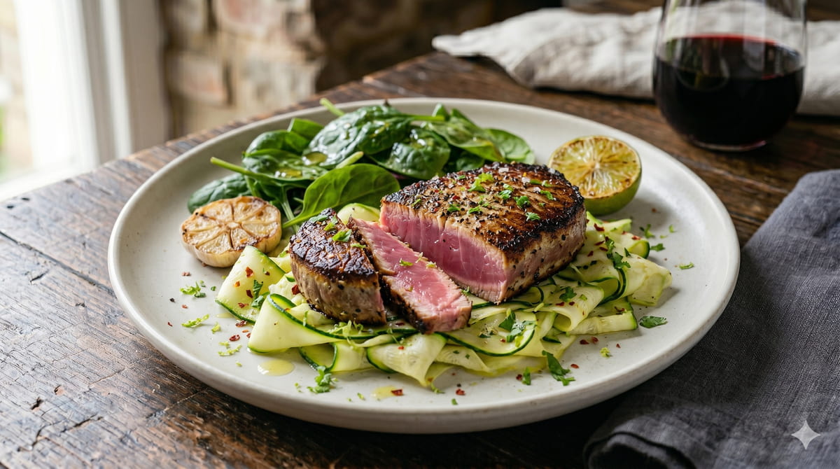 Lime Cilantro Tuna Steak with Zucchini Ribbons