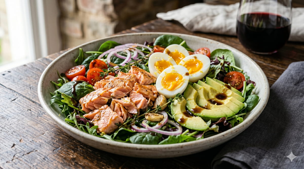 Salmon, Avocado & Egg Salad with Balsamic Vinaigrette