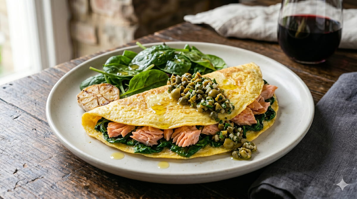 Salmon & Spinach Stuffed Omelette with Olive Tapenade