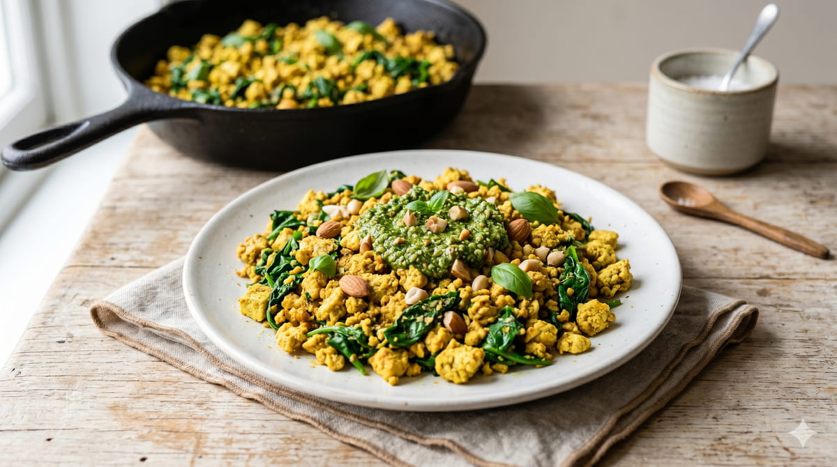 Tofu & Spinach Scramble with Almond Pesto