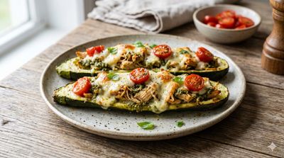 Pesto Chicken Stuffed Zucchini Boats
