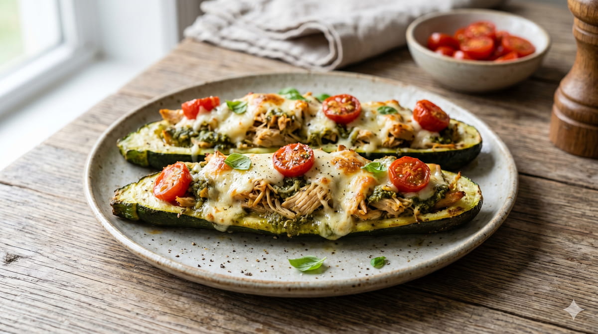 Pesto Chicken Stuffed Zucchini Boats