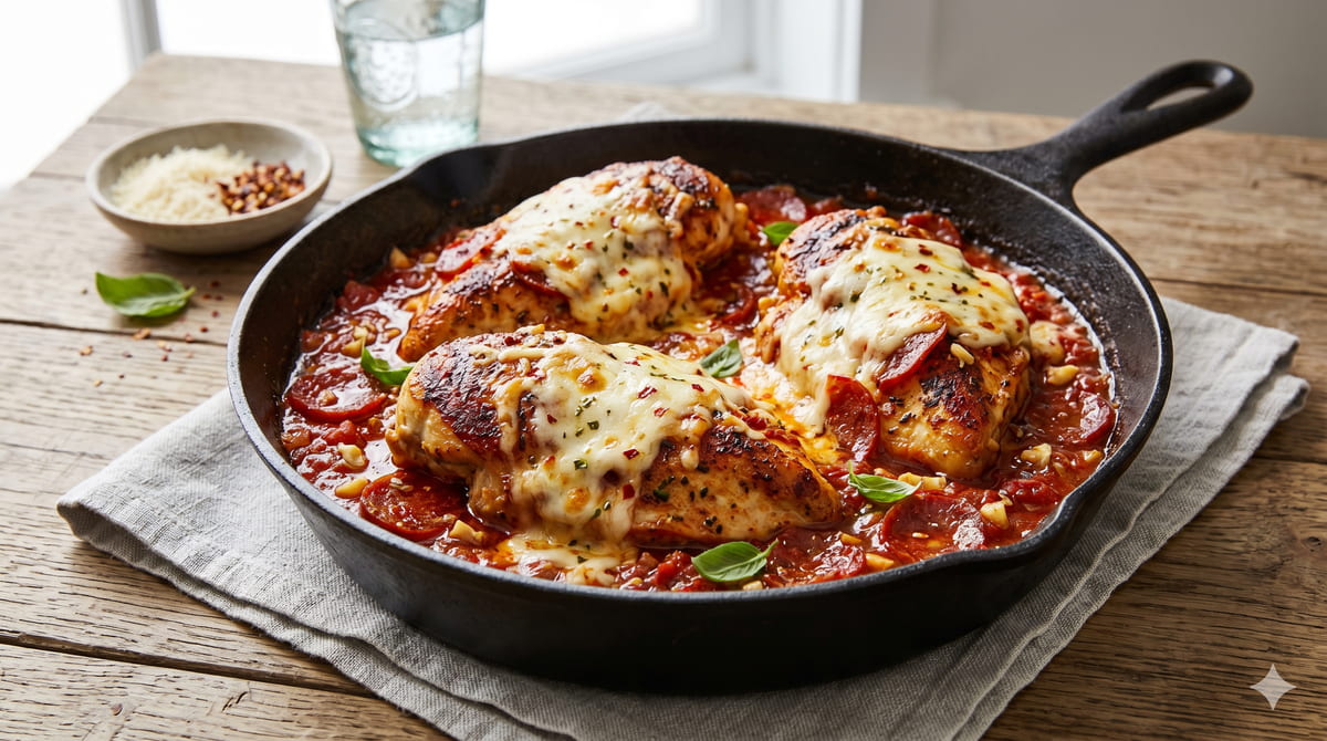 Skillet Chicken with Spicy Pepperoni Sauce