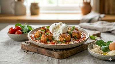 Turkey Meatballs in Tomato Basil Sauce with Burrata