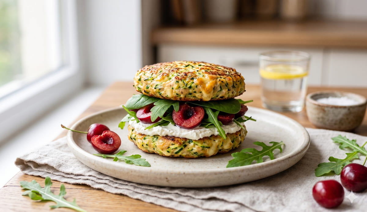 Zucchini-Bun Chicken Burger with Cherries