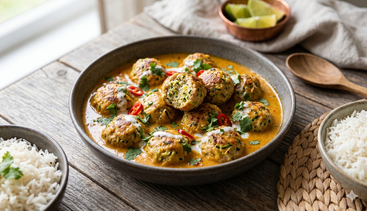 Zucchini Chicken Meatballs with Coconut Curry Sauce